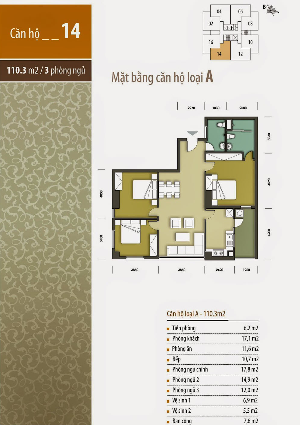 Mặt bằng căn số 14 chung cư HHB Tân Tây Đô - 110.3m2