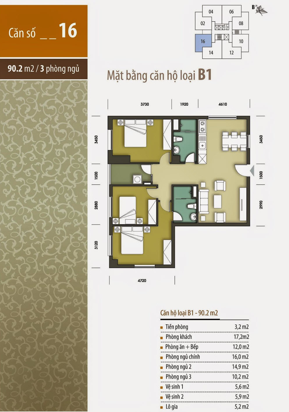 Mặt bằng căn số 16 chung cư HHB Tân Tây Đô - 90.2m2